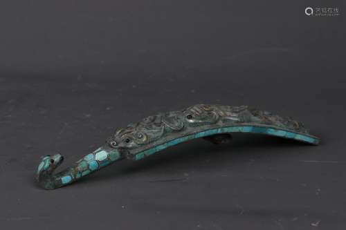 Chinese Bronze Gold Painted Hook Inlaid With Turquoise