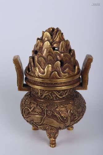 Chinese Bronze Gold Gilded Incense Burner