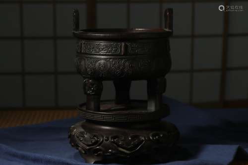 Chinese Qing Dynasty Zitan Tripod Incense Burner