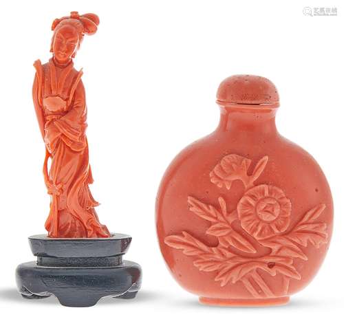 A Chinese Coral Carving and Faux Coral Snuff Bottle