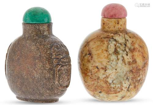 Two Chinese Mottled Hardstone Snuff Bottles