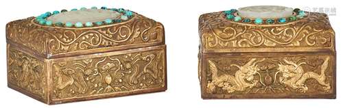 Two Chinese Gilt Metal Boxes Inset with White Jade Plaques