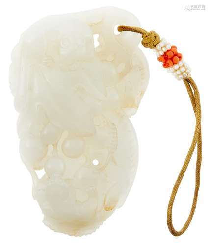 A Chinese White Jade 'Squirrels and Grapes' Pendan...