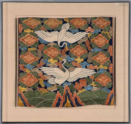 A Chinese Embroidered Silk 'Crane' Rank Badge