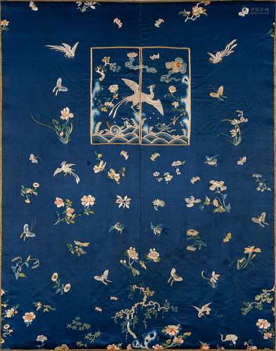 A Chinese Embroidered Silk Robe Panel with 'Fly-Catcher...