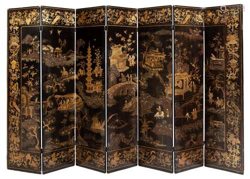 A Chinese Gilt Decorated Black Lacquer Eight-Panel Screen