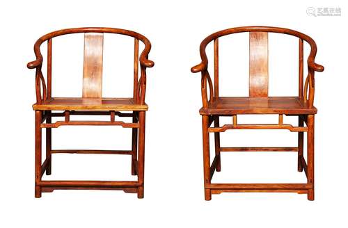 A Pair of Chinese Huanghuali Horseshoe Chairs