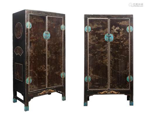 A Pair of Chinese Lacquered and Cloisonné Cabinets