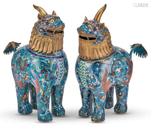 A Pair of Chinese Cloisonné Enamel Fu Lion-Form Censers