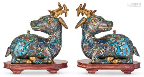 A Pair of Chinese Cloisonne Enamel Deer-form Censers