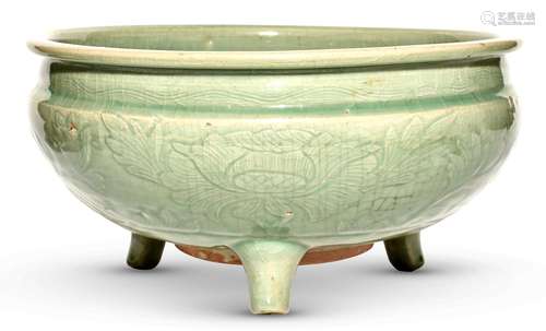 A Large Chinese Celadon Glazed Earthenware Tripod Censer