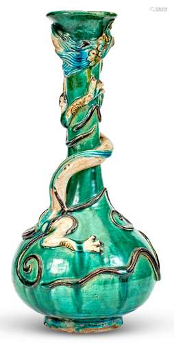 An Unusual Chinese Fahua Glazed Earthenware Bottle Vase