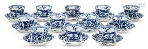 Twelve Chinese Blue and White Porcelain Teabowls and Saucers