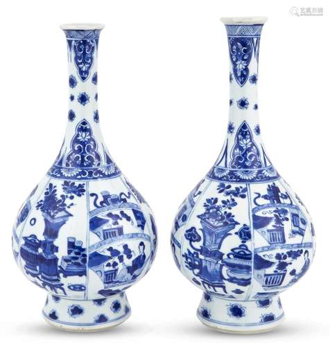 A Pair of Chinese Blue and White Porcelain Bottle Vases