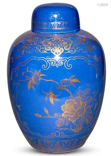 A Chinese Gilt Decorated Powder Blue Porcelain Jar and Cover