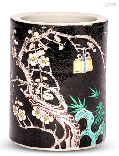 A Chinese Famille Noir Porcelain Brush Pot