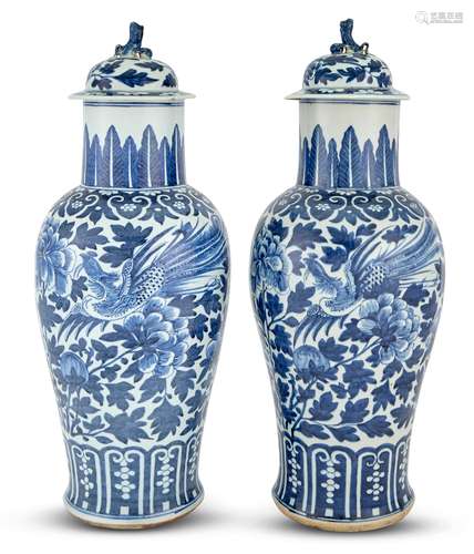 A Pair of Chinese Blue and White Porcelain Baluster Vases an...