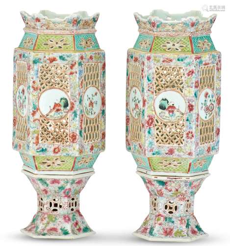 A Pair of Chinese Famille Rose Porcelain Lanterns