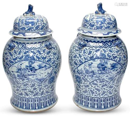 A Large Pair of Chinese Blue and White Porcelain Covered Vas...