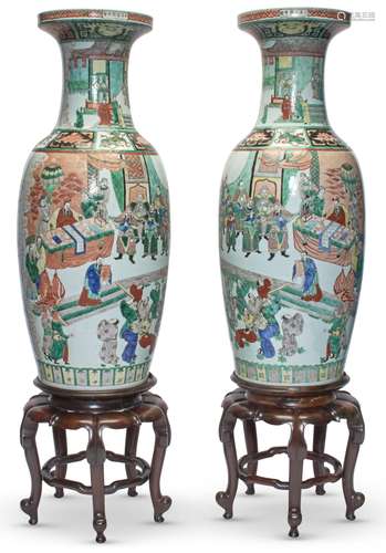 A Large Pair of Chinese Enameled Porcelain Vases Qing Dynast...