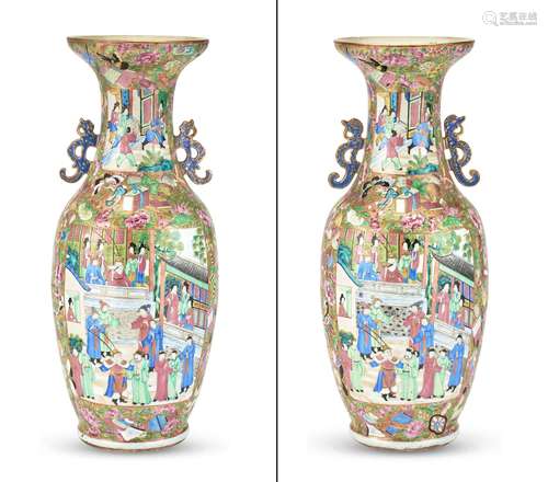 A Pair of Chinese Rose Mandarin Porcelain Vases