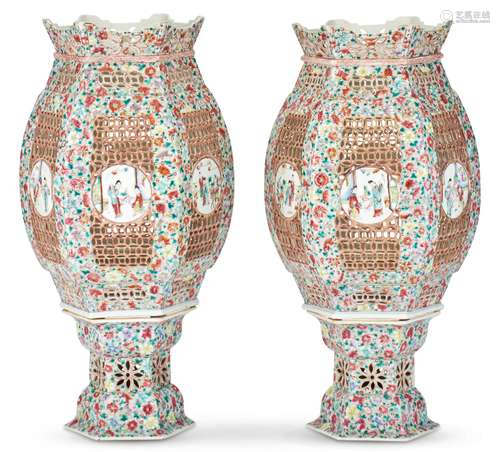 A Pair of Chinese Famille Rose Porcelain Lanterns