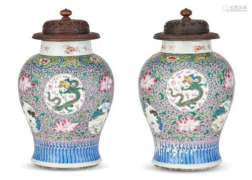 A Pair of Chinese Porcelain Enameled Baluster Jars