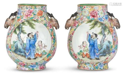 A Pair of Chinese Enameled Porcelain Hu Vases