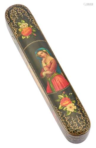 A Persian Painted and Lacquered Pen Box