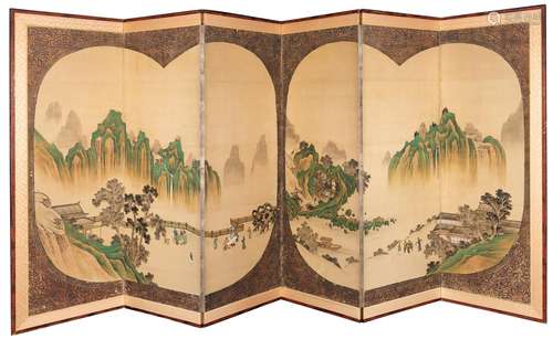 A Japanese Painted Byobu Eight-Fold Screen