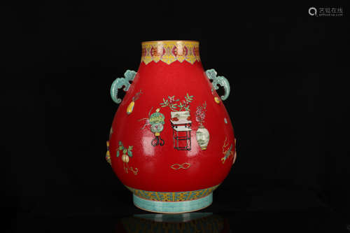 Enamel red floor embossed Bogu double ear jar