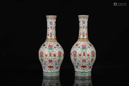 A pair of famille rose gold Fu Lu Shou guanyin vases