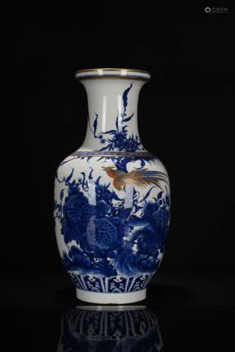 Blue and white painted gold vase flower and bird