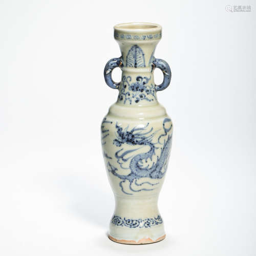 YUAN DYNASTY BLUE AND WHITE DRAGON VASE WITH TWO EARS