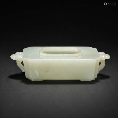 HETIAN JADE SQUARE FURNACE WITH TWO EARS, QING DYNASTY