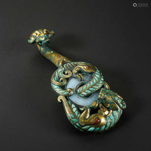 CHINESE BRONZE BELT HOOK INLAID WITH GOLD AND HETIAN JADE, H...