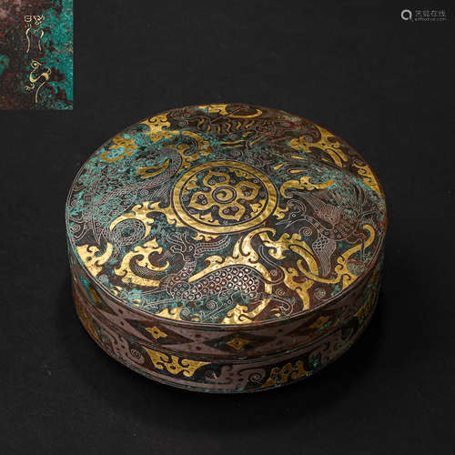 CHINESE HAN DYNASTY BRONZE POWDER BOX INLAID WITH GOLD