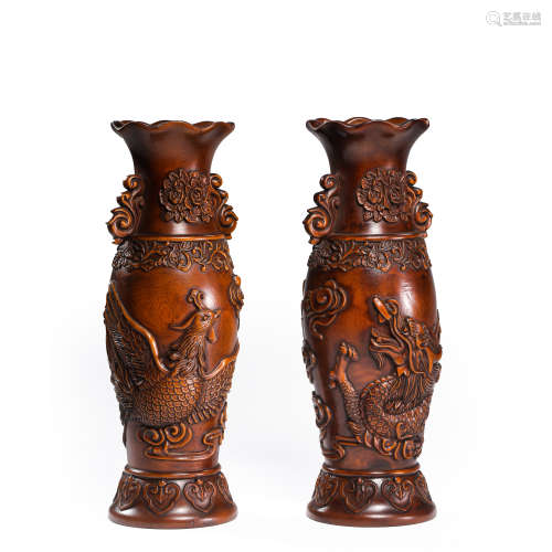 A PAIR OF CHINESE BOXWOOD VASES, QING DYNASTY