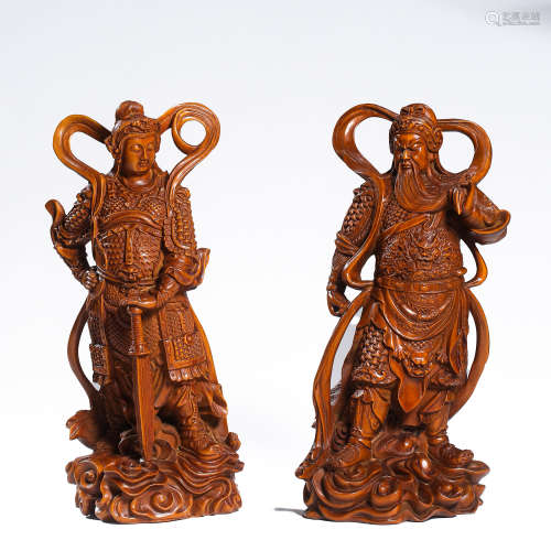 A PAIR OF CHINESE BOXWOOD WARRIORS, QING DYNASTY