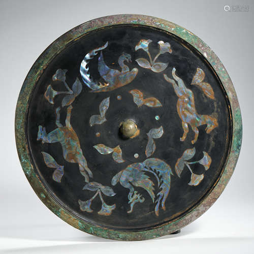 CHINESE HAN DYNASTY BRONZE MIRROR INLAID WITH MOTHER-OF-PEAR...