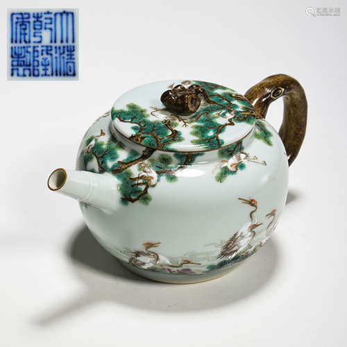 FAMILLE ROSE PURPLE CLAY TEAPOT, QIANLONG PERIOD, QING DYNAS...