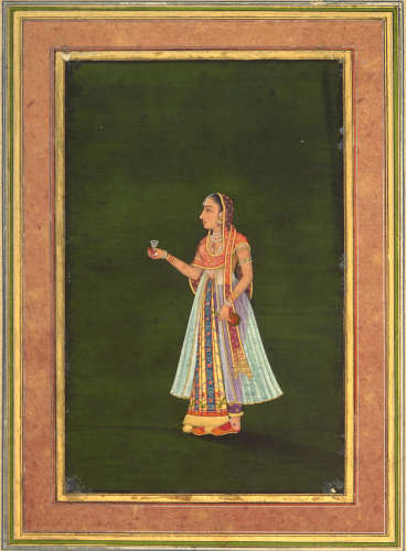 A PORTRAIT OF A LADY HOLDING A WINE FLASK