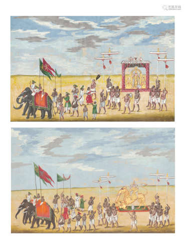 TWO PAINTINGS OF PROCESSIONAL SCENES