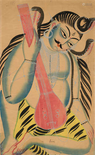 A KALIGHAT PAINTING OF SHIVA AS AN INTOXICATED MUSICIAN