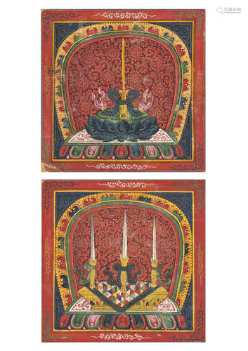 TWO INITIATION CARDS DEPICTING RITUAL IMPLEMENTS