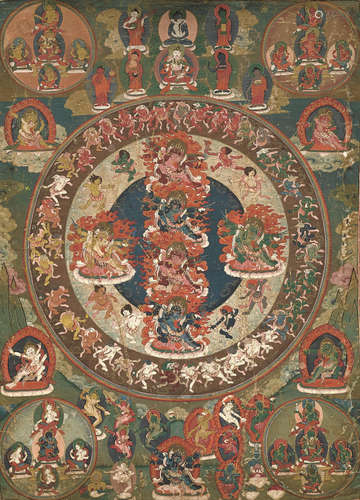 A THANGKA DEPICTING THE PEACEFUL AND WRATHFUL DEITIES OF BAR...