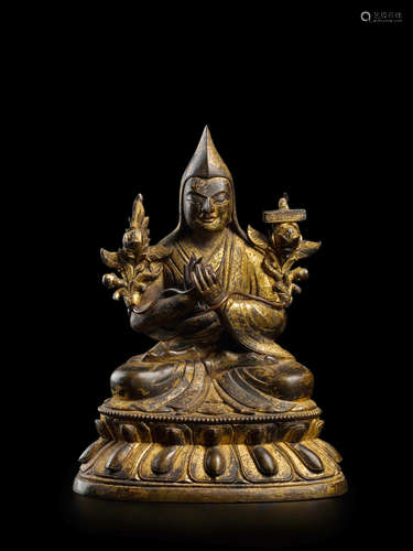 A GILT COPPER ALLOY FIGURE OF TSONGKHAPA