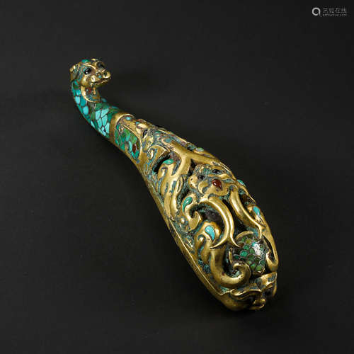 CHINESE GILT BRONZE  BELT HOOK INLAID WITH TURQUOISES, HAN D...