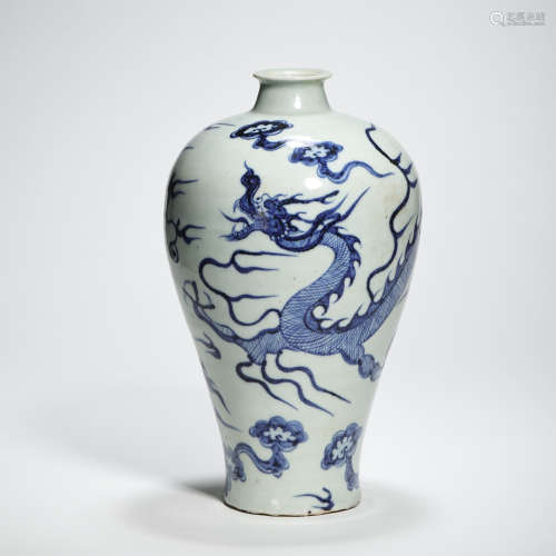 CHINESE BLUE AND WHITE DRAGON PATTERN PLUM VASE, YUAN DYNAST...