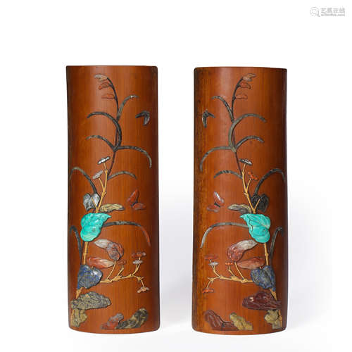 A PAIR OF CHINESE BAMBOO CARVING BI GE INLAID WITH TREASURES...